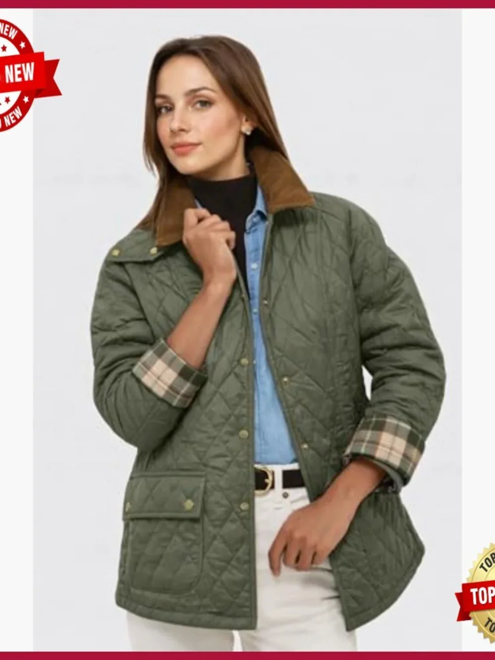 Women's Diamond Quilted Jacket with Corduroy Collar and Side Pockets - Picture 2 of 7